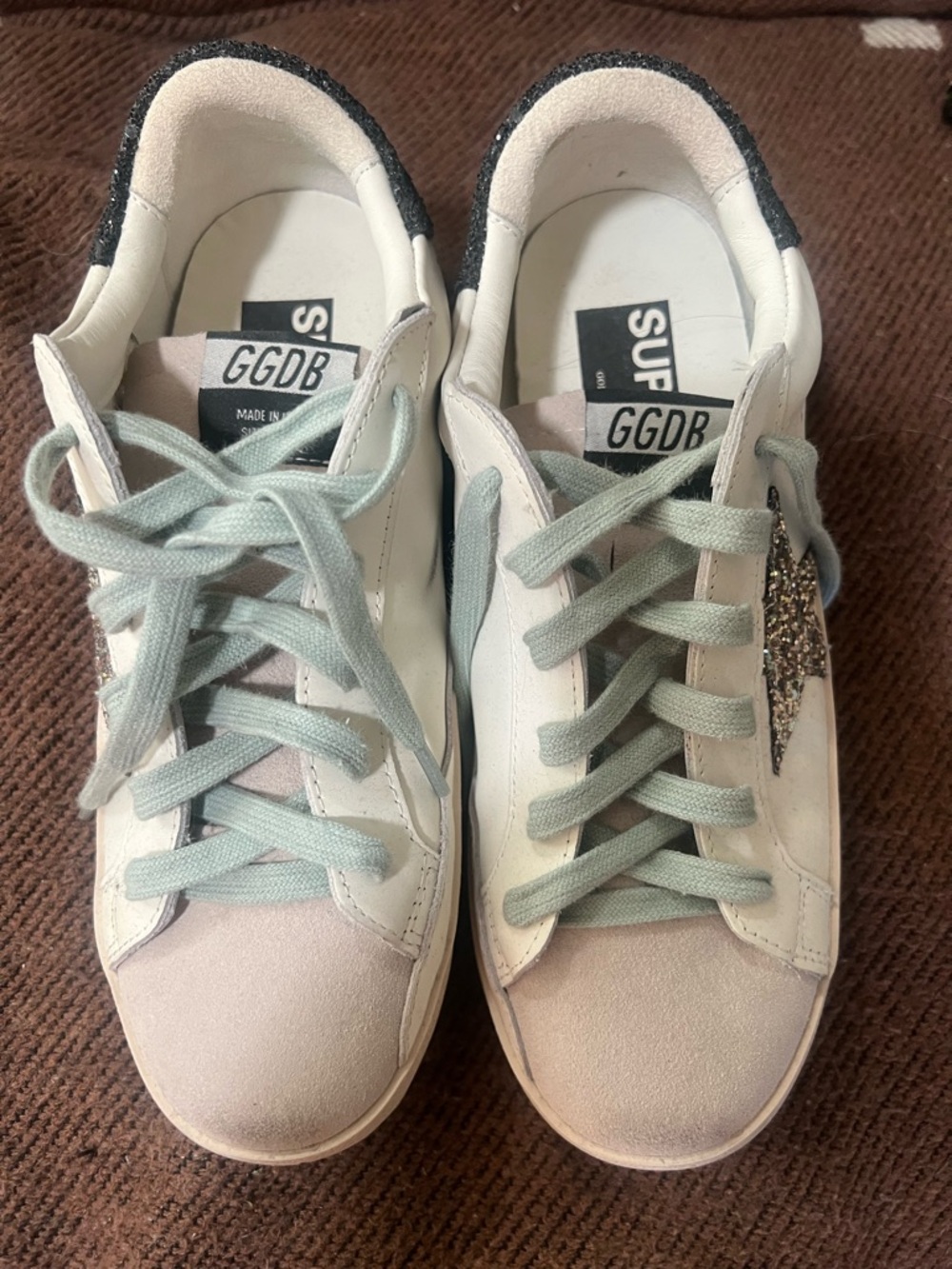 Golden Goose White Sneakers with Light Mint Laces and Glitter Star 7.5